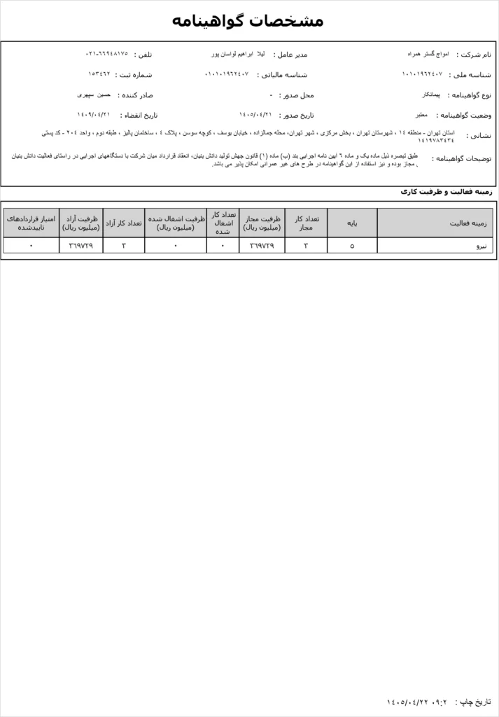 CertificateInfo رتبه صلاحیت پیمانکاری
